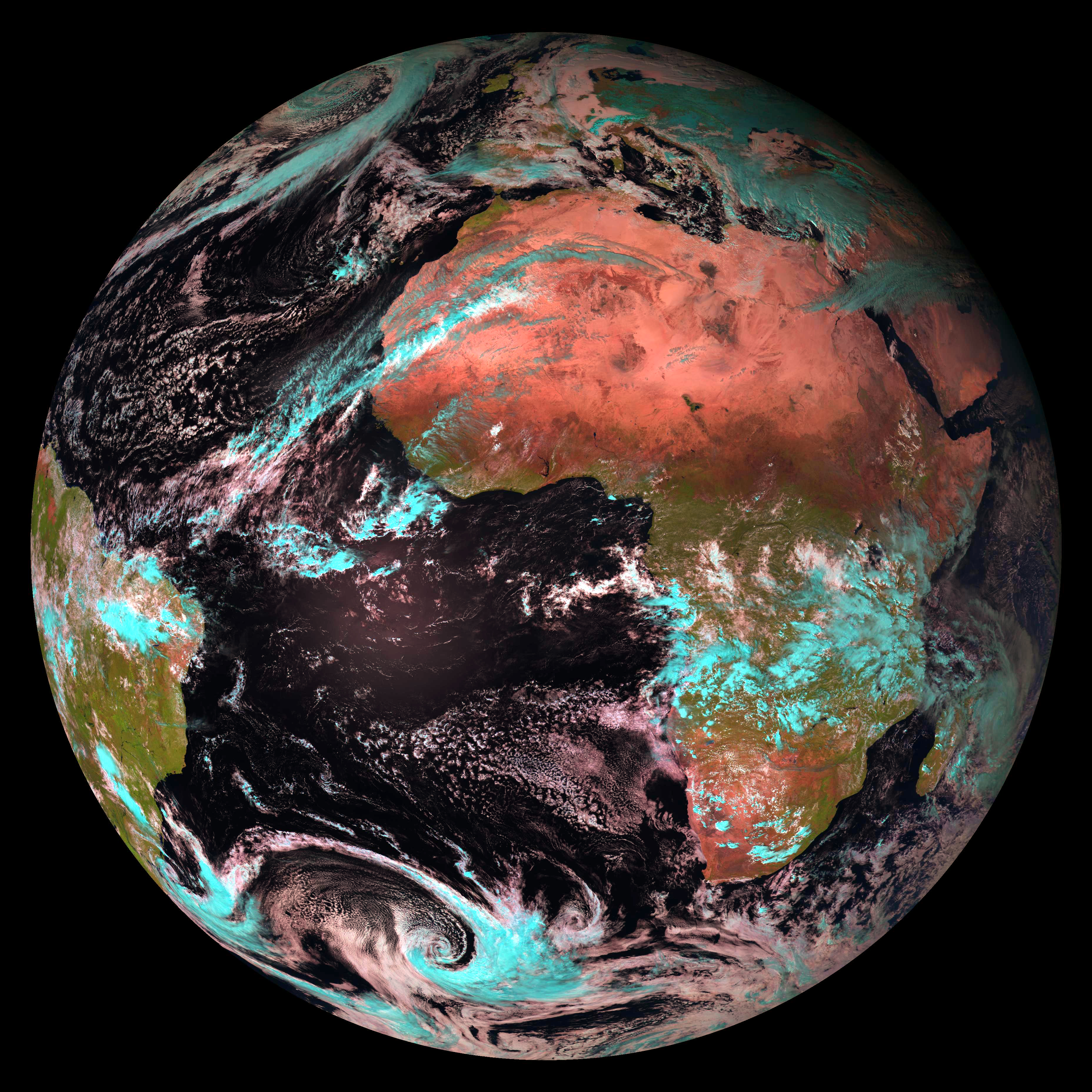 Meteosat-8 RGB sznes kompozit (NIR1.6, VIS0.8, VIS0.6) (copyright 2003 EUMETSAT))
